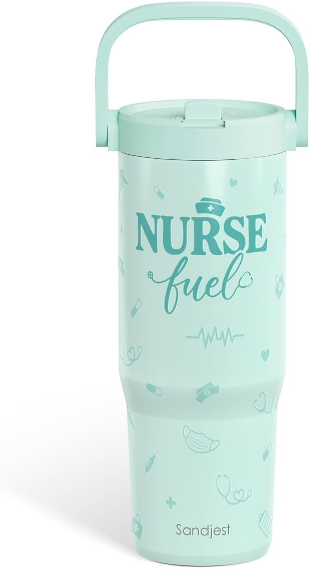 SANDJEST Nurse Fuel Stainless Steel Straw Lid Tumbler 30oz with Carry Handle for Women Girls, Insulated Travel Coffee Cup, Gift for Sports Outdoor Christmas Birthday Nurses Week Nursing School - Bloomnest
