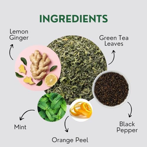 Tealeaf & Co. Lemon Ginger Green Tea with Ginger, Lemon Flavor, Orange Peel, Mint & Black Pepper - Organic Green Tea Bags with Fresh Herbs and Spices - Vegan - 100 Teabags (7.055oz/200gm) - Bloomnest