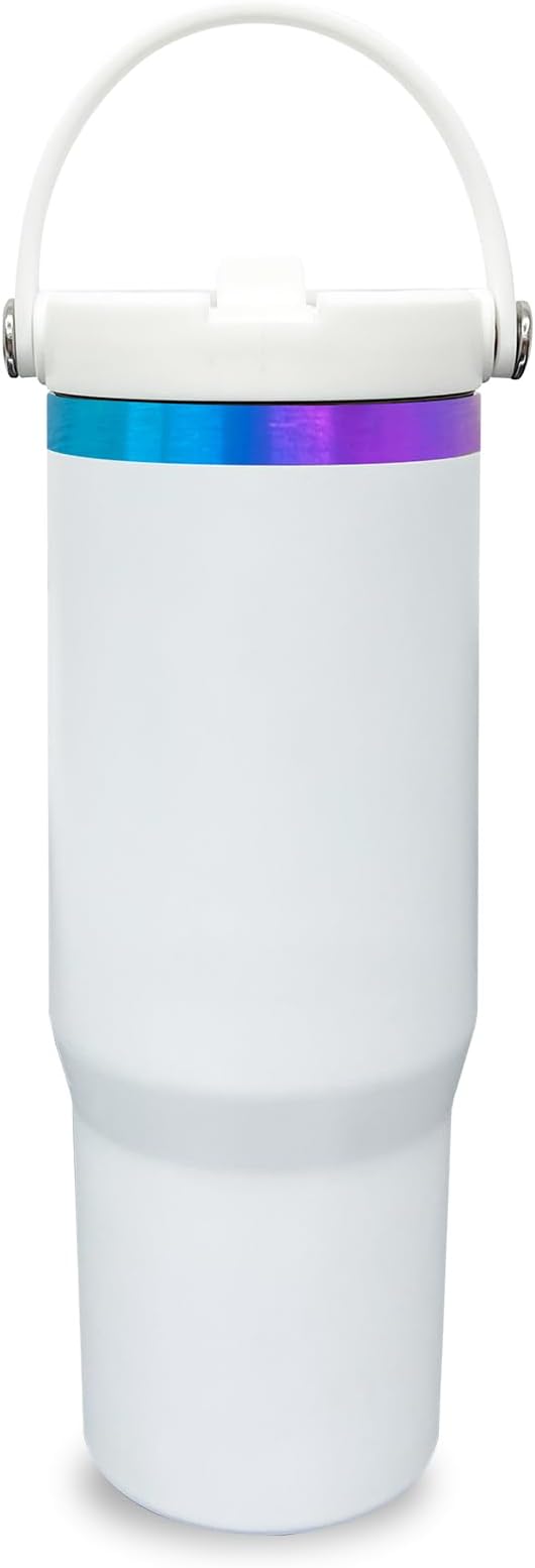 30 oz Tumbler with Handle, Double Wall Vacuum Insulated Tumblers with Flip Straw, Coffee Mug 30oz Powder Coated Cup for Hot and Cold Drinks(Blue Purple Plated, White,1 pack)