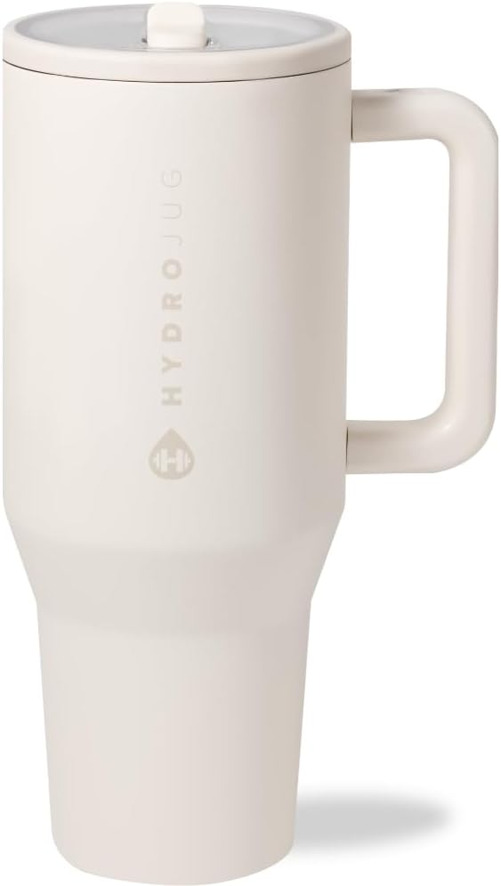 HydroJug Traveler - 40 oz Water Bottle with Handle & Flip Straw - Fits in Cup Holder, Leak Resistant Tumbler-Reusable Insulated Stainless Steel & Rubber Base - Gifts for Women & Men, Cream - Bloomnest