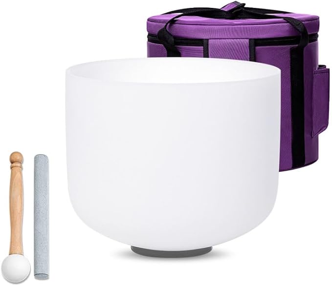 White C Note Root Chakra 10 inch Quartz Crystal Singing Bowl, for Healing Mindfulness Meditation Yoga Sound Baths, with Case Rubber Mallet - Bloomnest