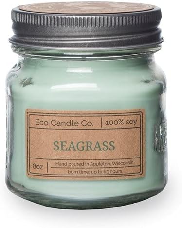 ECO CANDLE CO. Mason Jar Candle, Seagrass, 8 oz. - Scents of Coconut, Jasmine, Eucalyptus, Vetiver, Driftwood, & Seaweed - 100% Soy Wax, No Lead, Kraft Label & Antiqued Pewter Lid, Hand Made - Bloomnest