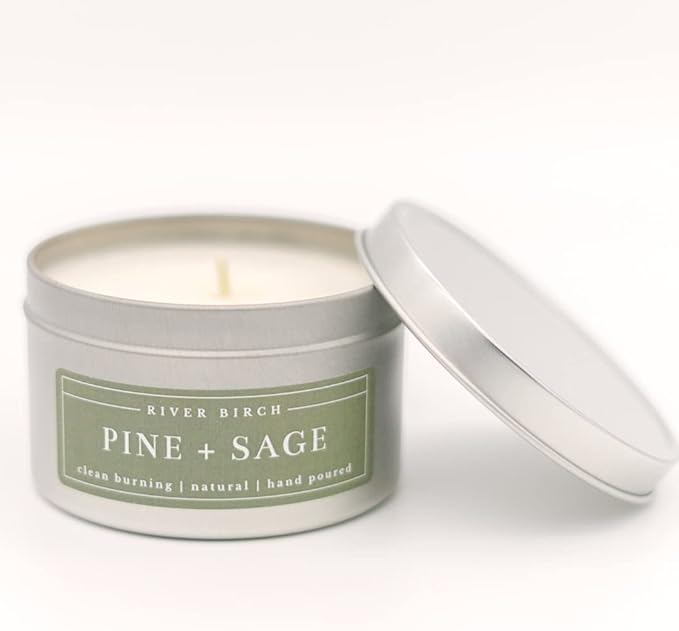 River Birch Candles Pine + Sage Scented Candle | Premium, All-Natural, Non-Toxic, Soy Candles | 8 oz. Silver Tin Travel Candle | Cozy Relaxing Gifts for Home - Bloomnest