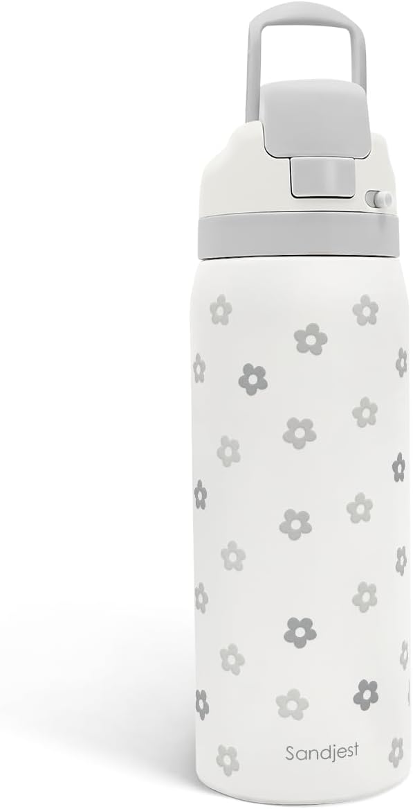 Floral Insulated Stainless Steel Water Bottle with Straw for Sports and Travel, 32oz, Gifts for Women Girls Friends Teens Birthday Christmas (Grey) - Bloomnest