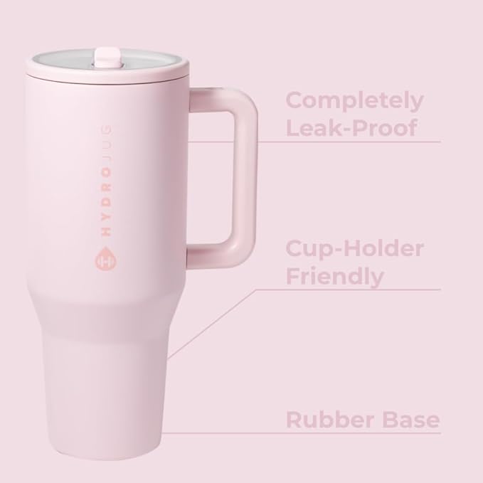 HydroJug Traveler - 40 oz Water Bottle with Handle & Flip Straw - Fits in Cup Holder, Leak Resistant Tumbler-Reusable Insulated Stainless Steel & Rubber Base - Gifts for Women & Men, Pink Sand - Bloomnest