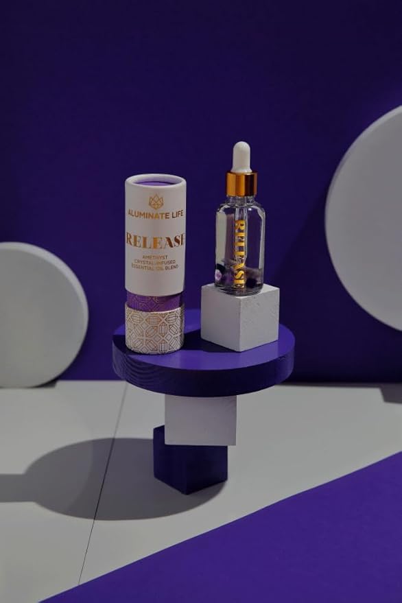 Crystal Infused Essential Oil Vial, 1 Oz, Release - Amethyst Crystal Infused - Scents of Lavender, Bergamot, & Frankincense - Aromatherapy Oils, Massage, Stress Relief