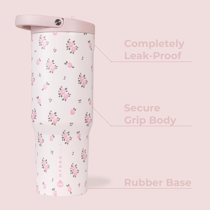 HydroJug Sport - Stainless Steel Tumbler with Straw, Vacuum Insulated, 32oz Leakproof Water Bottle, Ergonomic Design, Reusable, Dishwasher Safe, Rubber Base, Durable for Gym or Outdoors, Wildrose