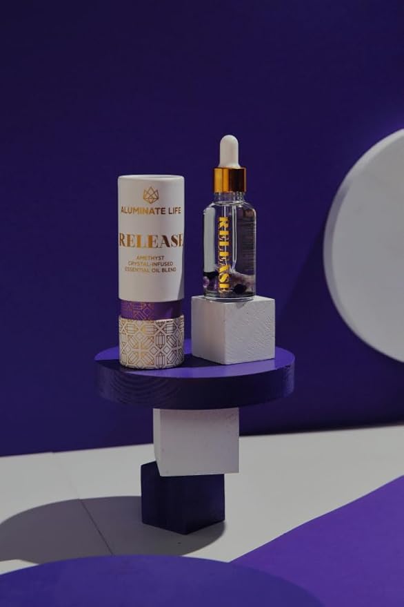 Crystal Infused Essential Oil Vial, 1 Oz, Release - Amethyst Crystal Infused - Scents of Lavender, Bergamot, & Frankincense - Aromatherapy Oils, Massage, Stress Relief