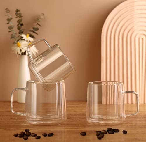CNGLASS 12oz Glass Coffee Mugs,Double Wall Insulated Glass Cups with Handle,Clear Espresso Mugs for Latte,Cappuccino,Tea Bag,Set of 2 - Bloomnest
