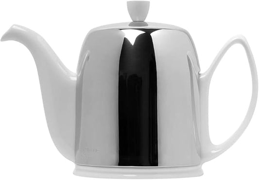 Degrenne Salam Luxury French Tea Pot - Porcelain Teapot with Stainless Steel Cover, Ceramic Tea Kettle for Loose Tea, Removable Infuser, 6 Cup Capacity, 36oz - White - Bloomnest