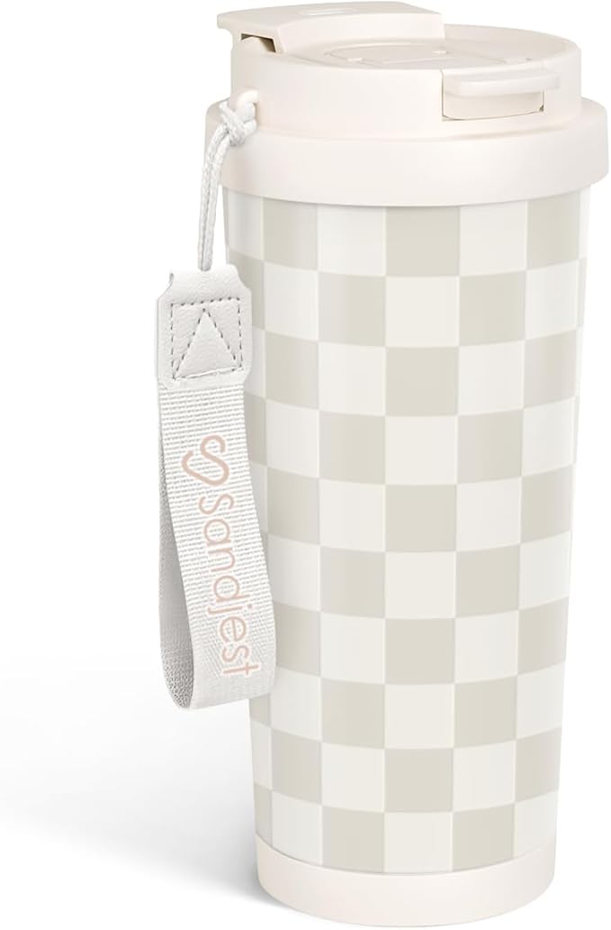 Checkered Tumbler - Stainless Steel 2-in-1 Lid Coffee Tumbler 18 oz, Checker Insulated Travel Mug Gift for Women Girls Teens, Birthday Christmas (Beige) - Bloomnest