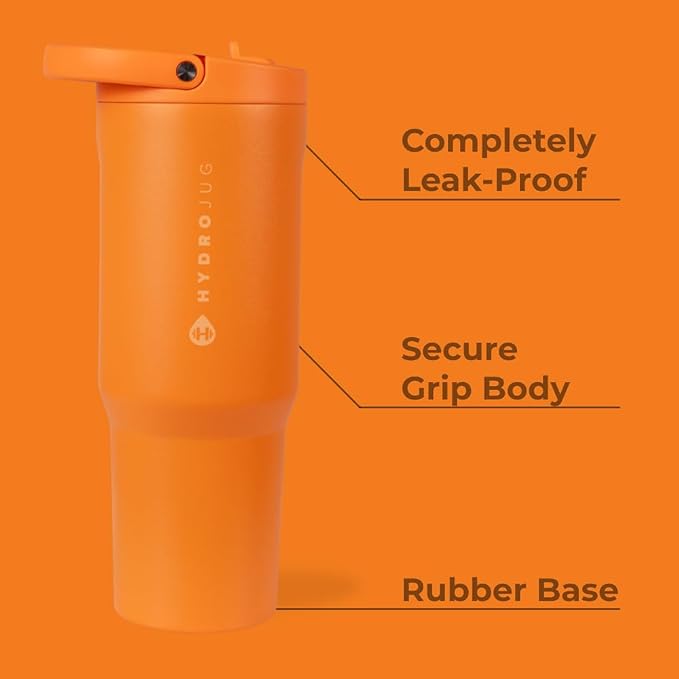 HydroJug Sport - Stainless Steel Tumbler with Straw, Vacuum Insulated, 32oz Leakproof Water Bottle, Ergonomic Design, Reusable, Dishwasher Safe, Rubber Base, Durable for Gym or Outdoors, Tangerine