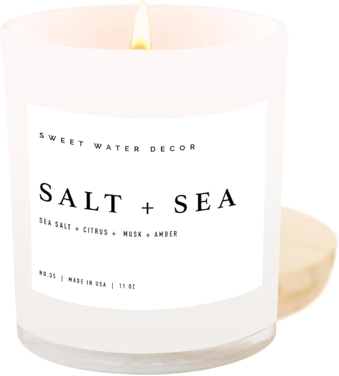 Sweet Water Decor Salt and Sea Candle - Sea Salt, Citrus, Amber, Musk, Beach Scented Soy Candles for Home - 11oz White Glass Jar + Wood Lid, 50+ Hour Burn Time, Made in The USA - Bloomnest