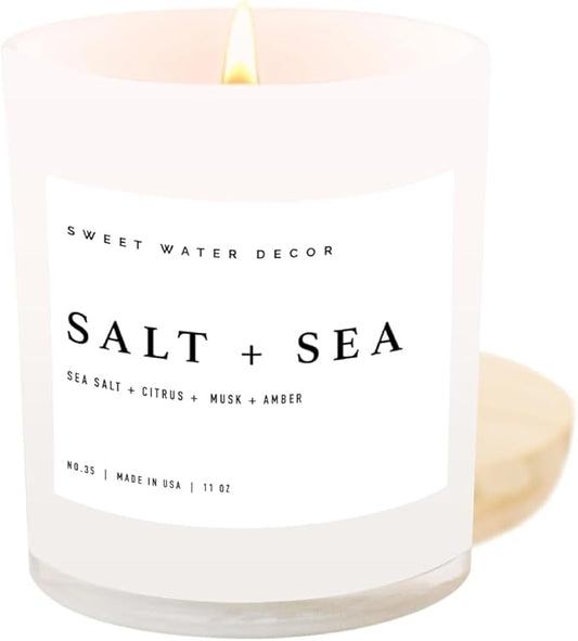 Sweet Water Decor Salt and Sea Candle - Sea Salt, Citrus, Amber, Musk, Beach Scented Soy Candles for Home - 11oz White Glass Jar + Wood Lid, 50+ Hour Burn Time, Made in The USA - Bloomnest