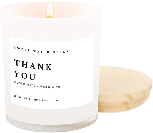 Sweet Water Decor Thank You Candle - Hospitality Thank You Gift, Gift Basket Stuffer, Appreciation - 11oz White Jar, 50+ Hour Burn Time, Made in The USA