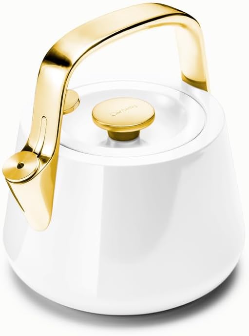 Caraway 2 Quart Whistling Tea Kettle - Durable Stainless Steel Tea Pot - Fast Boiling, Stovetop Agnostic - Non-Toxic, PTFE & PFOA Free - Includes Pot Holder - White - Bloomnest