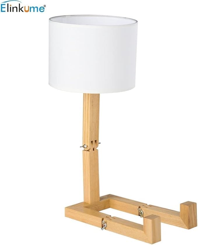 ELINKUME Robot Bedside Lamp, Fabric Lampshade Match Foldable Solid Wood Body, Creative E27 Screw Table Lamp for Bedroom Living Room - Bloomnest