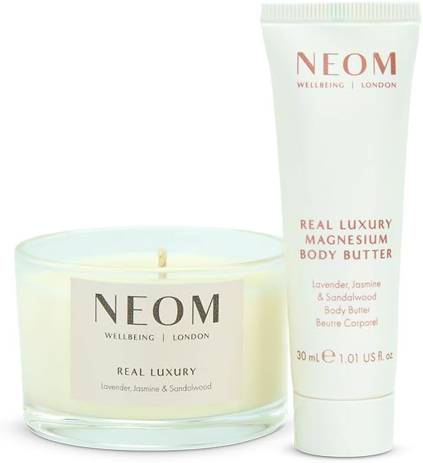 NEOM Moment of Calm Gift Set I Contains Real Luxury Travel Candle 75g Real Luxury Multi-Mineral Body Milk 30ml I 100% Natural scents I Lavender, Jasmine and Sandalwood