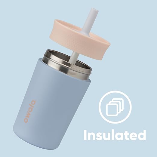 Owala Kids Insulation Stainless Steel Tumbler with Spill Resistant Flexible Straw, Easy to Clean, Kids Water Bottle, Great for Travel, Dishwasher Safe, 12 Oz, Tan and Blue (Seas the Day) - Bloomnest