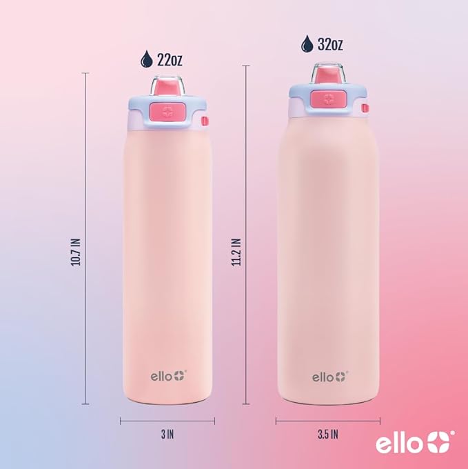 Ello Pop & Fill Insulated Stainless Steel Water Bottle with Quick Fill Lid, Leakproof Locking, Sip or Chug Spout, BPA-Free, Double Wall Vacuum Insulated for Sports, Travel & School- 22oz / 32oz / 40oz Ello