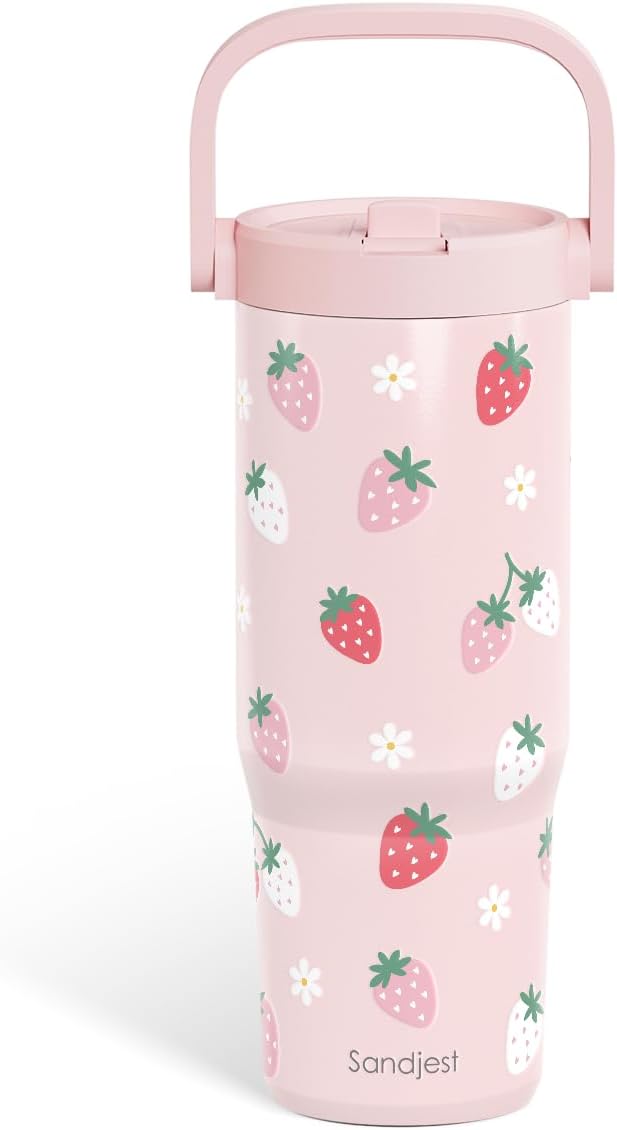 SANDJEST Strawberry Stainless Steel Straw Lid Tumbler 30oz with Carry Handle for Women Girls, Insulated Travel Coffee Cup, Gift for Sports Workout Christmas Birthday - Bloomnest