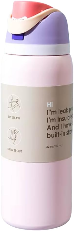 DUTHINGS Insulated Stainless Steel Water Bottle with Straw, 32 oz, Reusable Sports and Travel Bottle for School, Kids, and Outdoors - Leakproof and BPA-Free (LIGTH PINK) Bloomnest