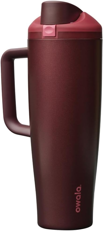 Owala FreeSip Tumbler Insulated Stainless Steel Water Bottle with Built-in Straw and Side Handle, For Travel, Work, School, and Sports, 40oz, BPA Free, Leak Proof, Black Cherry Owala