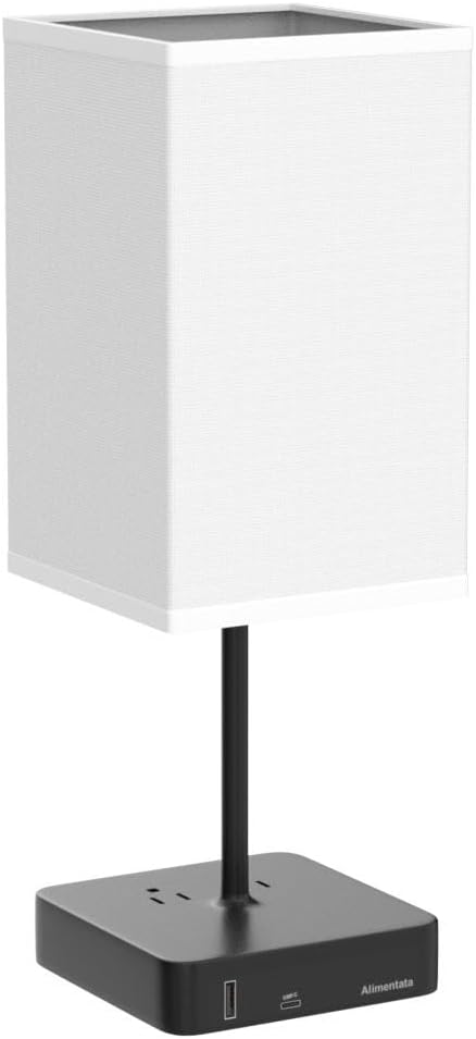 Bedside Table Lamp with Touch Control & USB C+A Charging Ports LED Desk Lamp with 2 AC Outlets, Minimalist Nightstand Light with Black Fabric Shade for Bedroom, Living Room, Office, White - Bloomnest