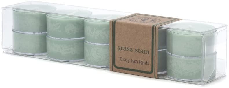 ECO CANDLE CO. Tea Light Candles, Grass Stain, 10-Pack - Scents of Fresh Cut Grass - Recyclable, 100% Soy Wax, No Lead, Kraft Paper Label & Lid, Hand Poured, Phthalate Free, Midwest Grown Soybeans - Bloomnest