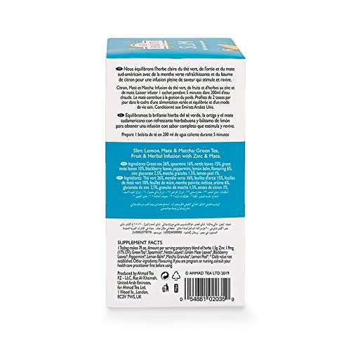 Ahmad Tea Green Tea, Lemon, Mate, & Matcha 'Slim' Natural Benefits Teabags, 20 ct (Pack of 2) - Caffeinated & Sugar-Free - Bloomnest