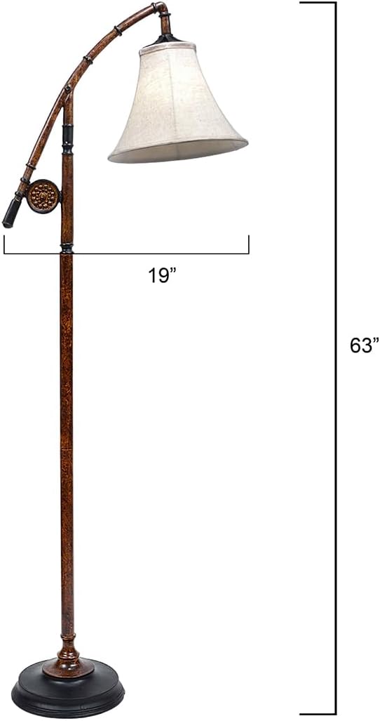 BLACK FOREST DECOR - Fishing Pole Floor Lamp with Linen Shade, Cast Resin Construction - Vintage Lakeside Style - 19" W x 63" H - Bloomnest