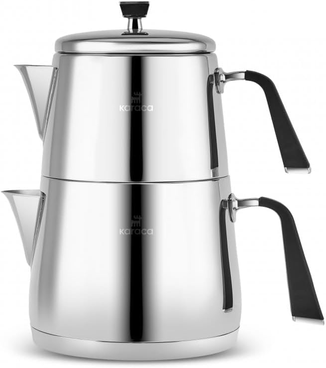 Karaca Fiona Stainless Steel Turkish Teapot Set XL, 1L Tea Pot & 2L Water Tank (Kettle), Stove Top/Induction Compatible, Elegant Silver Design, Easy to Clean, Non-Flammable Handles - Bloomnest