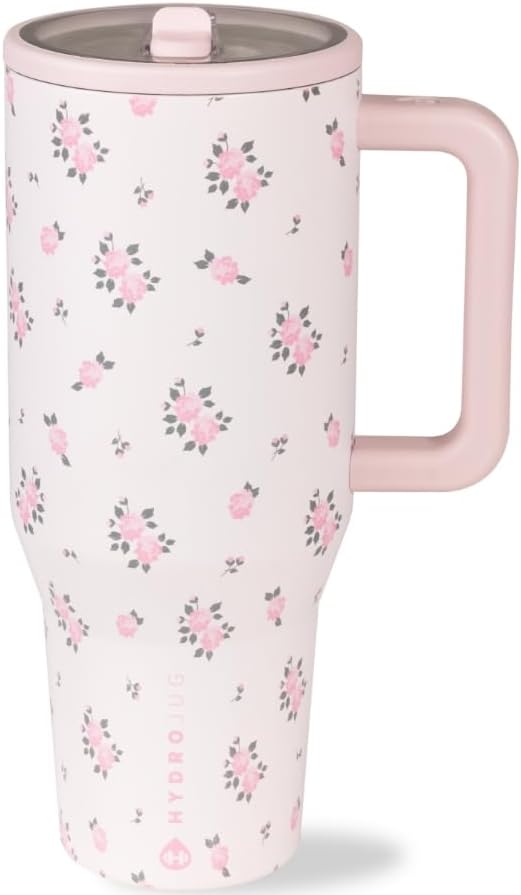HydroJug Traveler - 32 oz Water Bottle with Handle & Flip Straw - Fits in Cup Holder, Leak Resistant Tumbler-Reusable Insulated Stainless Steel & Rubber Base - Gifts for Women & Men, Wildrose - Bloomnest