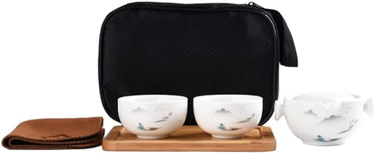 Convenient Teapot Cup Porcelain Teacup White Glazed Travel tea set (Landscape set)