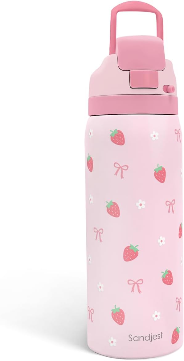 Strawberry Bow Insulated Stainless Steel Water Bottle with Straw for Sports and Travel, 32oz, Gifts for Women Girls Friends Teens Birthday Christmas - Bloomnest