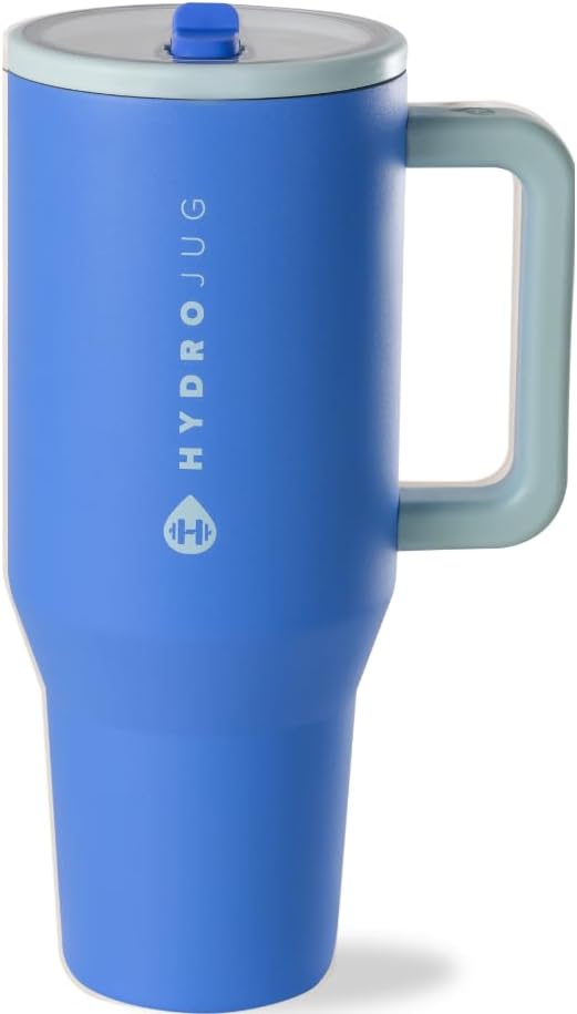 HydroJug Traveler - 32 oz Water Bottle with Handle & Flip Straw - Fits in Cup Holder, Leak Resistant Tumbler-Reusable Insulated Stainless Steel & Rubber Base - Gifts for Women & Men, Riptide - Bloomnest