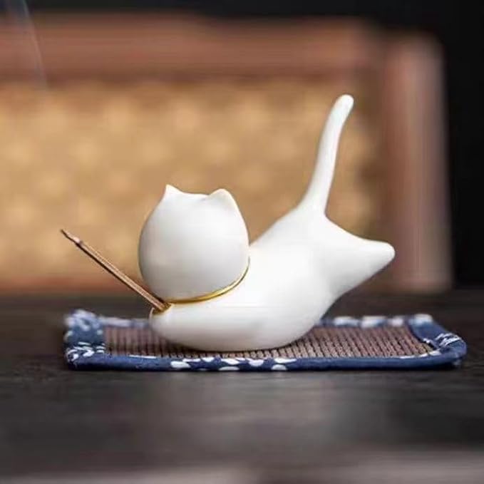 Cat Incense Stick Holder with A Mat and 1 box Incense Stick Cute Ceramic Incense Burner for Stick Incense Ash Catcher for Home,Office,Yoga Meditation Stress Relief Gift for Cat Lovers (White Cute Cat) - Bloomnest