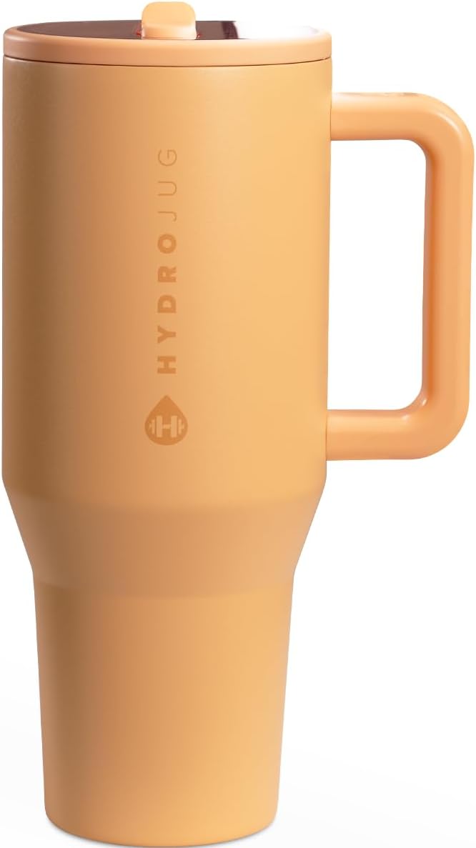 HydroJug Traveler - 40 oz Water Bottle with Handle & Flip Straw - Fits in Cup Holder, Leak Resistant Tumbler-Reusable Insulated Stainless Steel & Rubber Base - Gifts for Women & Men, Marigold Hydrojug