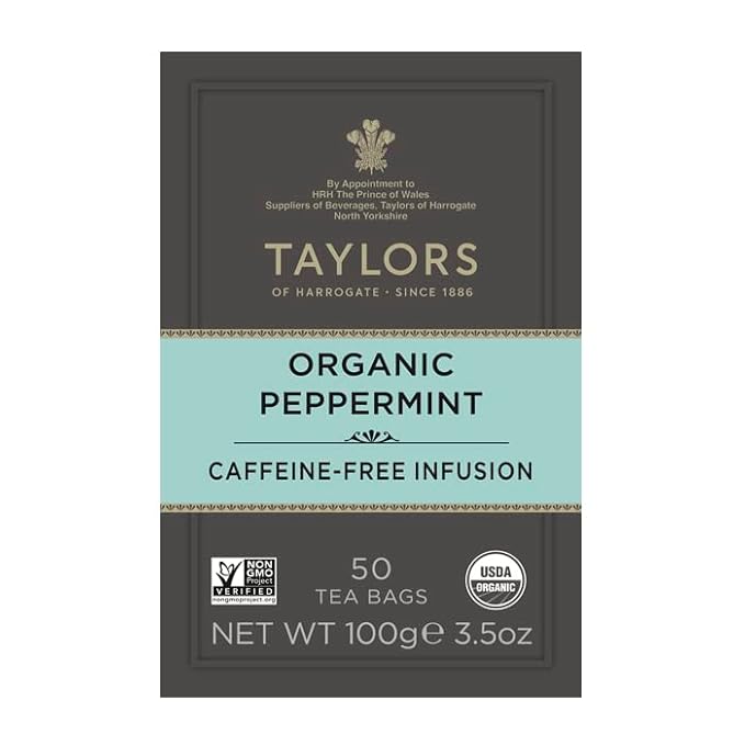 Taylors of Harrogate Organic Peppermint, Herbal Tea, Pillow Tea Bags, 50 Count (Pack of 1), Clean, Pure and Refreshing, Caffeine-Free, Enjoy Hot or Iced, 50 Teabags - Bloomnest