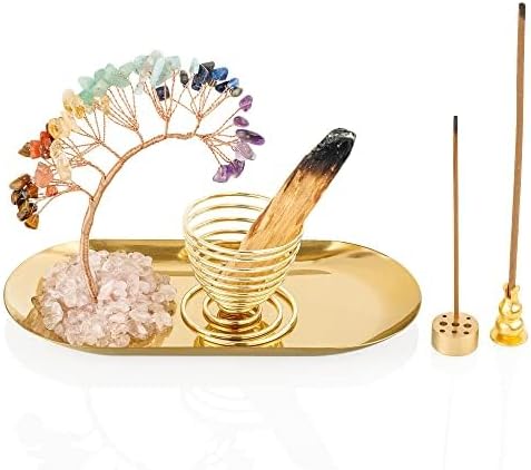 ZenBless 7 Chakra Healing Crystal Tree Incense Holder Palo Santo Sage Burner Brass Ash Catcher for Incense Sticks Coil Cones Yoga Meditation Zen Spiritual Room Home Decoration (Oval) - Bloomnest