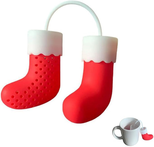 Silicone Tea Infuser, Red Christmas Stocking Design, Loose Leaf Tea Strainer, Steeper with Hanging Hook, Holiday Kitchen Accessory - Healthy, Safe, and Adorable Tea Strainer Companion - Bloomnest