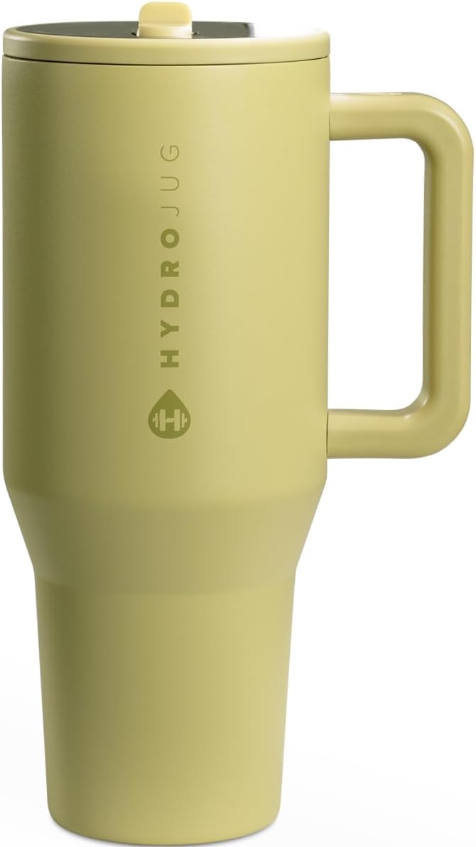 HydroJug Traveler - 40 oz Water Bottle with Handle & Flip Straw - Fits in Cup Holder, Leak Resistant Tumbler-Reusable Insulated Stainless Steel & Rubber Base - Gifts for Women & Men, Olive Hydrojug