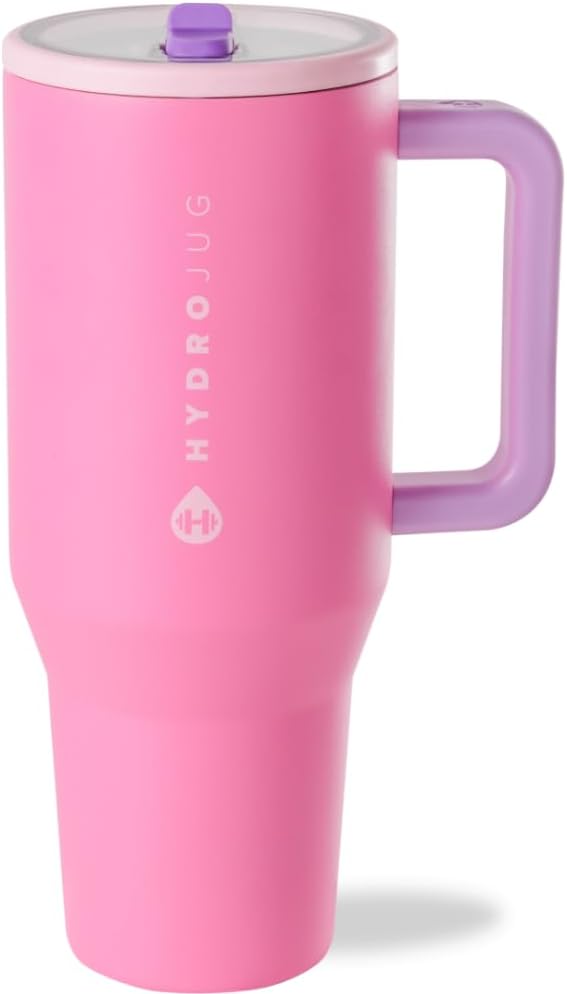 HydroJug Traveler - 40 oz Water Bottle with Handle & Flip Straw - Fits in Cup Holder, Leak Resistant Tumbler-Reusable Insulated Stainless Steel & Rubber Base - Gifts for Women & Men, Pink Sugar - Bloomnest