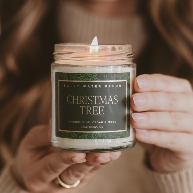 Sweet Water Decor Christmas Tree Candle - Spruce, Pine Needles and Evergreen Candles Scented Soy Candles for Home - Christmas Candle 9oz Clear Jar, 40 Hour Burn Time, Made in The USA - Bloomnest