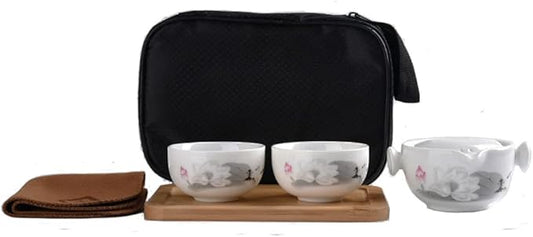 Convenient Teapot Cup Porcelain Teacup White Glazed Travel tea set (Ink Lotus set)