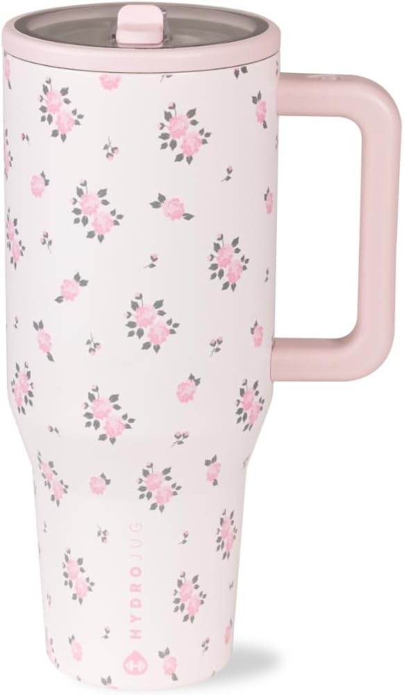 HydroJug Traveler - 40 oz Water Bottle with Handle & Flip Straw - Fits in Cup Holder, Leak Resistant Tumbler-Reusable Insulated Stainless Steel & Rubber Base - Gifts for Women & Men, Wildrose - Bloomnest