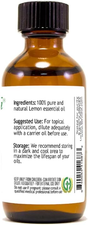 Lemon Essential Oil – 2 fl oz (59 ml) Glass Bottle w/Cap – 100% Pure Essential Oil – GreenHealth