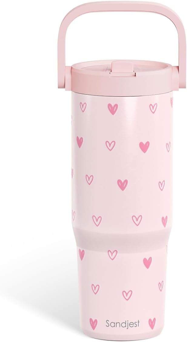 SANDJEST Heart Stainless Steel Straw Lid Tumbler 30oz with Carry Handle for Women Girls, Insulated Travel Coffee Cup, Gift for Sports Outdoor Workout Christmas Birthday - Bloomnest