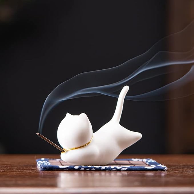Cat Incense Stick Holder with A Mat and 1 box Incense Stick Cute Ceramic Incense Burner for Stick Incense Ash Catcher for Home,Office,Yoga Meditation Stress Relief Gift for Cat Lovers (White Cute Cat) - Bloomnest
