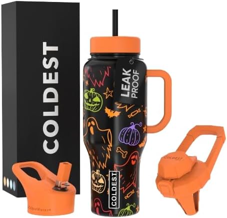 Coldest Tumbler with Handle and Straw, 100% Leak Proof Insulated Tumbler with Lid and Straw (3 Lids), Stainless Steel Tumblers for Women & Men, Cup Holder Friendly Base, 36 oz (Eerie-sistible) - Bloomnest